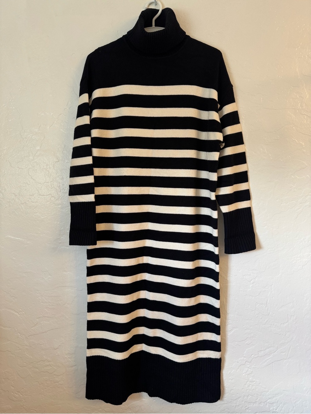 Zara Black and White Striped Turtleneck Midi Dress